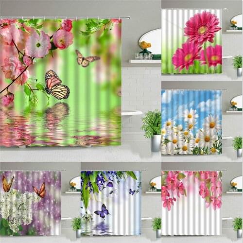 Beautiful Flower Butterfly Shower Curtains Flowers Plant Waterproof Bathroom Decor Bath Curtain Set Polyester Fabric With Hooks