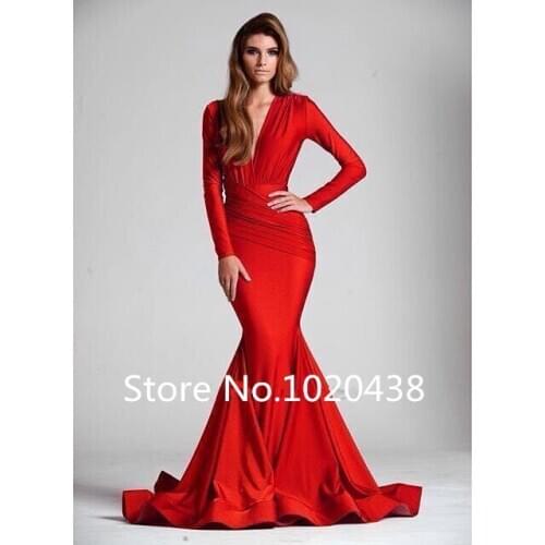 Red Long Spandex Evening Dresses Sexy Mermaid Evening Gowns Pleats Long Sleeves vestido de festa