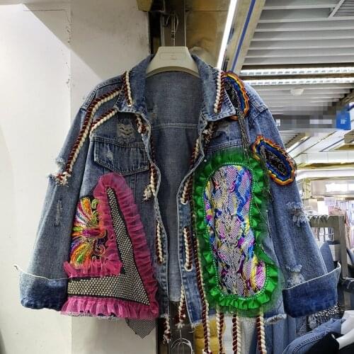 Autumn Streetwear Fashion Patchwork Print Rivet Diamonds Denim Jacket Women Mesh Lace Up Short Jeans Jacket Coat Female Outwear