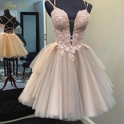 Nice Bodice Cutting Spaghetti Straps Homecoming Dresses 2020 Pink Arching Waist vestidos de graduacion Short Cute Tulle Dress