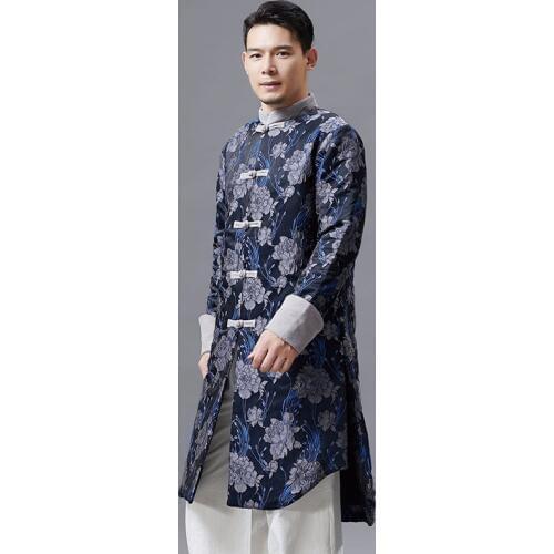 Mens Tang suit long jacket male Cheongsam style stand collar top traditional spring autumn Chinese clothing