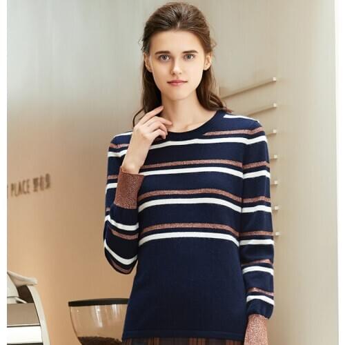 ZHILI 2018 New Autumn Winter O-Neck Striped Sleeve Long Cashmere Sweater