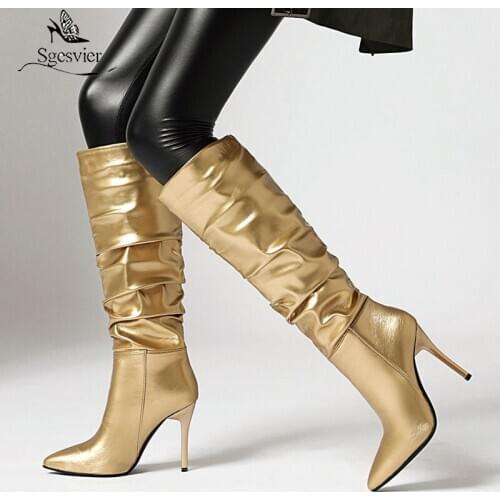 Sgesvier 2020 New PU Leather Women Knee High Boots High Heel Western Cowboy Boots Women Boots Shoes Female Winter Boots Size 43