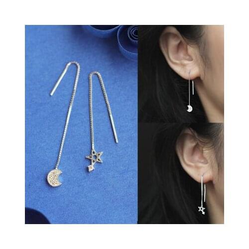 New Fashion 925 Sterling Silver Zircon Moon Star Box Chain Long Tassel Ear Line Luxury Pearl Drop Earrings