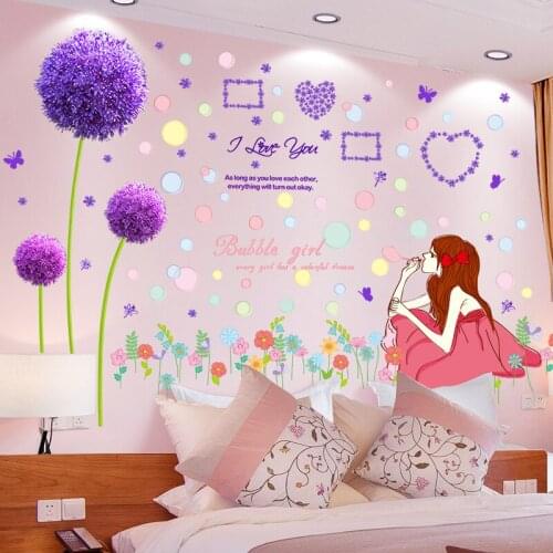 [shijuekongjian] Bubbles Girl Wall Stickers DIY Purple Dandelion Flowers Mural Decals for Kids Rooms Baby Bedroom Decoration