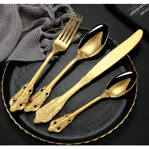 4Pcs/Set Flatware Vintage Spoon Tableware Set Knife Spoon Fork Cutlery Royal Metal Carved 304 Stainless Steel Palace Silverware