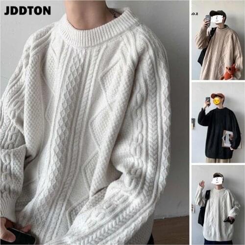 JDDTON Winter Mens Knit Sweaters Harajuku Casual Retro Hip Hop Korean Style Solid Color Fashion Brand Pullover Streetwear JE537