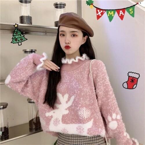 Korean Autumn Winter Loose Wild News Thicken Sweaters Turtleneck Anmial Patterns Pullovers Preppy Style Knitted Womens Sweater