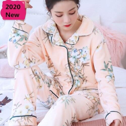 Winter Womens Pajamas Set Sexy Print Flower Pajamas 2020 Fashion Mom Casual Female Turn-down Collar Flannel Sleepwear