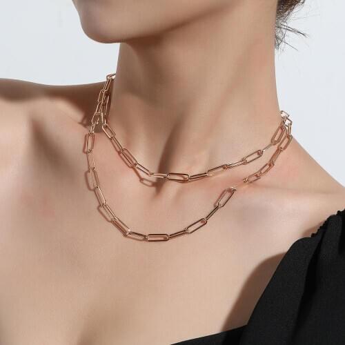 Punk Hip Pop Paperclip Link Chain Necklace Gold Neck Jewelry Long 2 Layers For Women Fashion Accessories