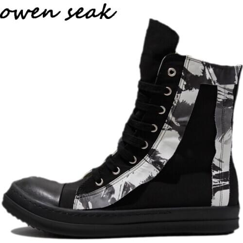 Owen Seak Men Casual Canvas Shoes High-TOP Ankle Lace Up Luxury Trainers High Street Sneakers Boots Zip Flats Autumn Black Shoes