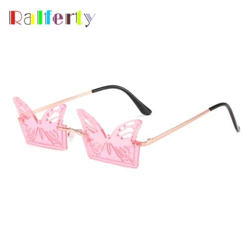 Ralferty Designer Pink Butterfly Glasses for Women Decorative Womens Sunglasses 2021 Brand Rimless Ocean Lenses Eyewear Y1723