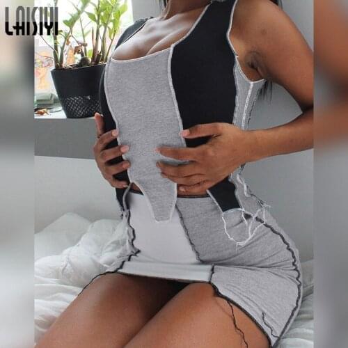 Dress sets Skirts Sets Patchwork Sporty Casual Women Matching Contrast Bodycon Cropped Tank Top And Skirt Two Piece Sets Outfits