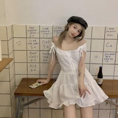 Womens White Lace-up Short-sleeved Dress Womens Summer New Style Korean Version of The Waist and Thin A-line Skirt