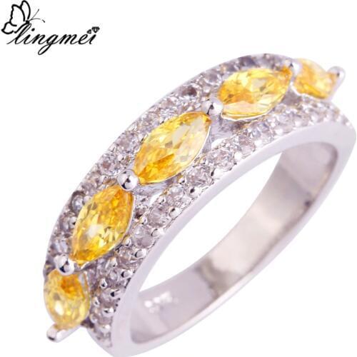 Lingmei New Engagement Wholesale Dazzling Marquise Cut Gold White Zircon Silver Color Ring Size 6-9 10 11 Women Fashion Jewelry