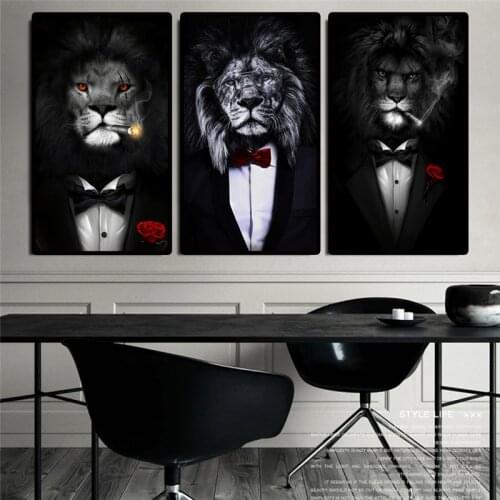 Black Wild Lion in a Suit Canvas Art Posters And Prints Abstract Lion Smoking a Cigar Canvas Paintings On the Wall Art Pictures