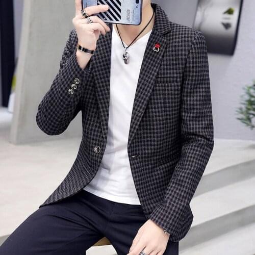 Plaid Mens Slim Suit Korean Style Trend 2021 Spring and Autumn Youth Handsome Social Guy Suit British Single Western Jacket