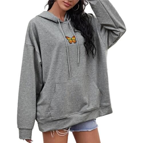 2020 New Casual Women Butterfly Embroidery Sweater Long Sleeve Front Pocket Drawstring Hoodies Autumn and Winter Sweatshirt