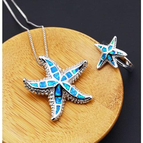 New Blue Fire Opal Starfish Jewelry Sets Necklace & Ring