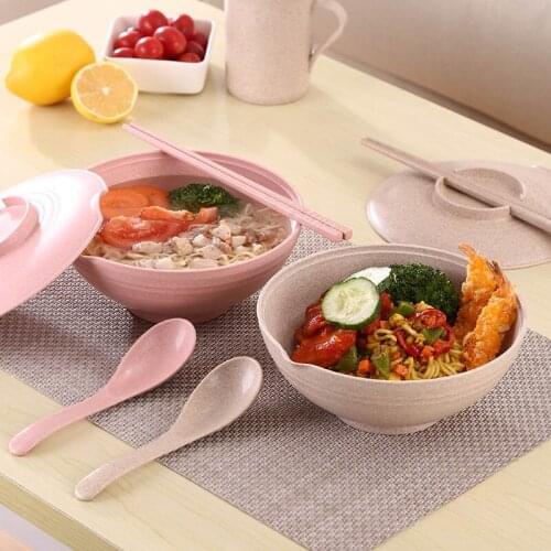 Wheat Straw Bowl Salad Instant Noodles Large Soup Bowl Household Tableware with Lid Chopsticks Spoon Home Accessories