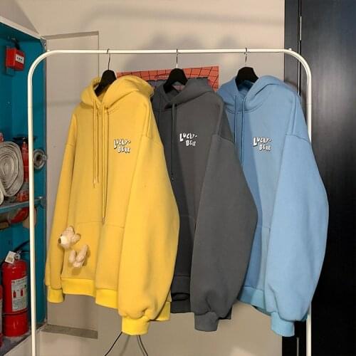 Sweater mens hooded Fall loose print cute bear Korean winter new student plus velvet fashion all-match jacket hoodie sweatshirt