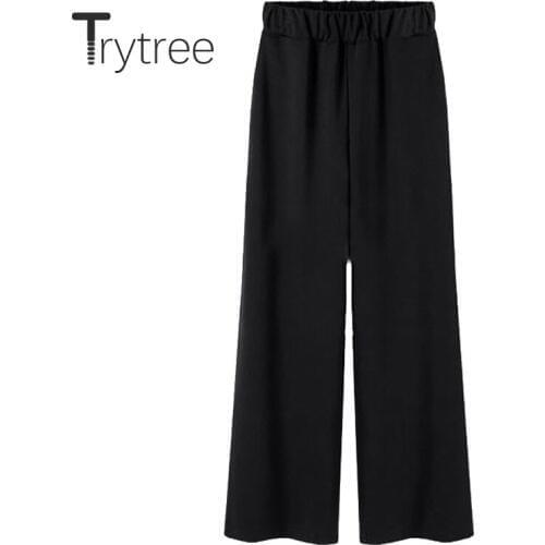 Trytree 2020 Spring Summer Women Pants Casual Loose Wide Leg Pants Elastic Waist Solid Black Fashion All-Purpose Style Pants