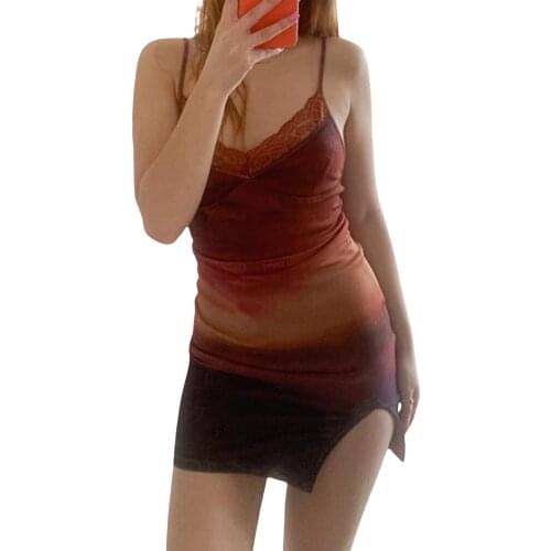 Women Summer Sleeveless Dress Adults Gradient Lace Trim V-neck Spaghetti Strap Slit