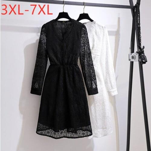 New 2021 Ladies Spring Autumn Plus Size Mini Dress For Women Large Long Sleeve Black Lace V-neck Dress 3XL 4XL 5XL 6XL 7XL