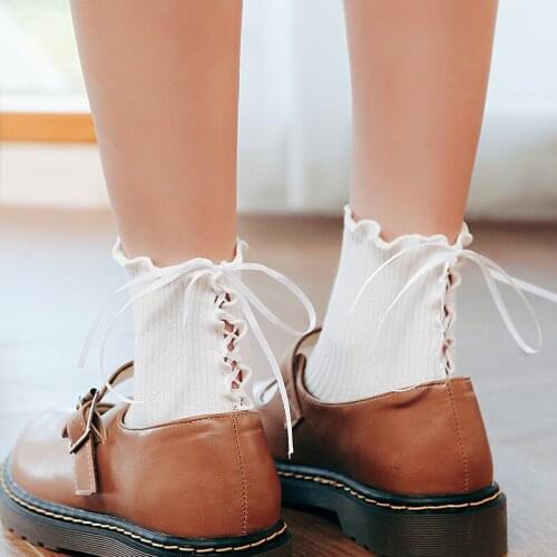 1 Pair Lovely Girl Socks Lace-Up Lolita Japanese Maiden Kawaii Harajuku Calcetines Womens Chaussette Black White Cotton Socking