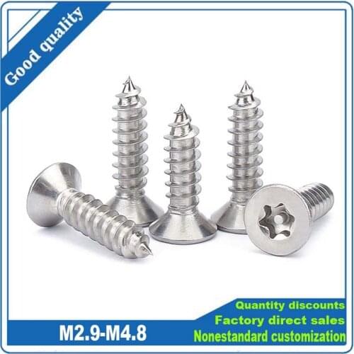 10pcs 304 Stainless Steel Six Lobe Torx Flat Countersunk Head with Pin Security Self-tapping Wood Screw M2.9 M3.5 M3.9 M4.2 M4.8