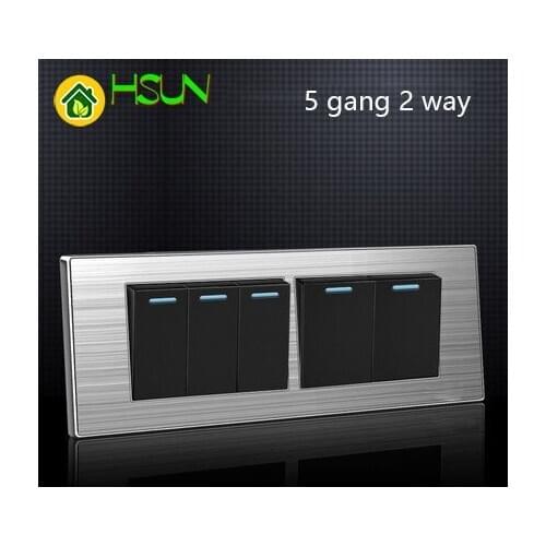 5 Gang 2 Way Luxury Light Switch On / Off Wall Interruptor With Led Indicator Stainless Steel Panel 197* 72mm