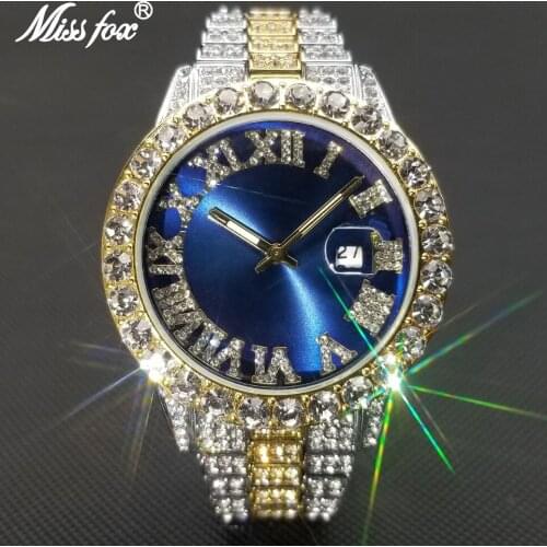 MISSFOX Hip Hop Mens Watches Or Women Big Dial Full Diamond Quartz Wristwatch Top Luxury Iced Out Waterproof Clock Couples Gift