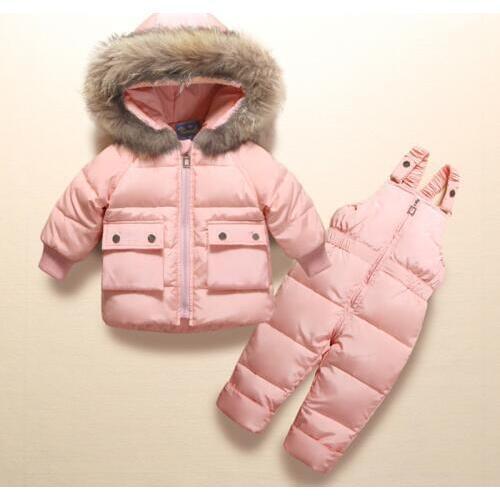 Kids Winter Clothes Suits Real Raccoon Fur Infant Baby Snowsuit for Little Boys Girls 2Pcs Down Coat+Overalls Pants Thick Parkas