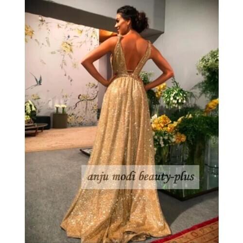 2021 Long Gold Sparkly V Neck Prom Dresses Sleeveless A Line Glitter Formal Evening Party Gowns Robe De Soiree
