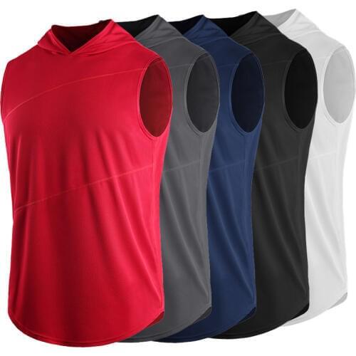 Quick Dry T Shirt Mens Outdoor Sports Breathable Hooded Sleeveless T-shirt High Quality Mans Gym Running Tee Shirt