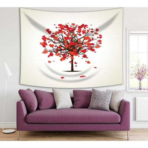 Tapestry Love Tree with Heart Shaped Red Leaves Romantic Artful Design Creative Decor
