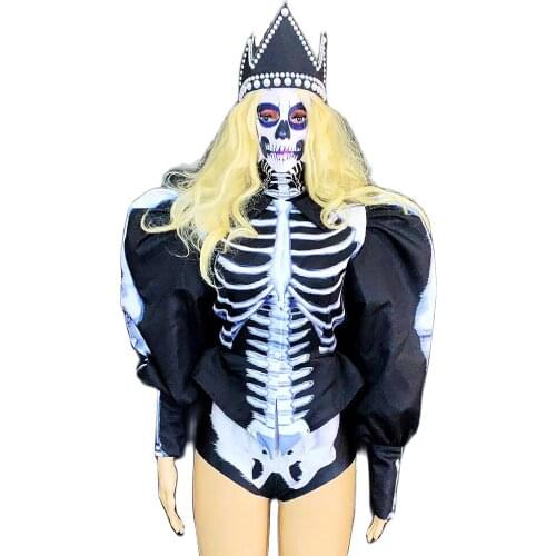 Halloween Role Playing Costume Vampire Demon Rave Skeleton Printing Bodysuits Long Sleeve Festival Outfit Women Party Clothing