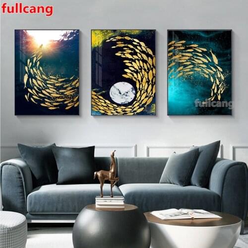 3pcs Abstract Blue Painting Big Yellow Fish Diy diamond painting Mosaic full drill 5d diamond embroidery nordic pictures JX2236