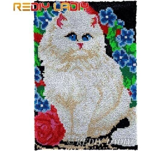 Latch Hook Rug Acrylic Yarn Tapestry Kits DIY Carpet Rug White Kitten Knitted Floor Mat Crocheting Cushion Arts & Crafts 57*85cm