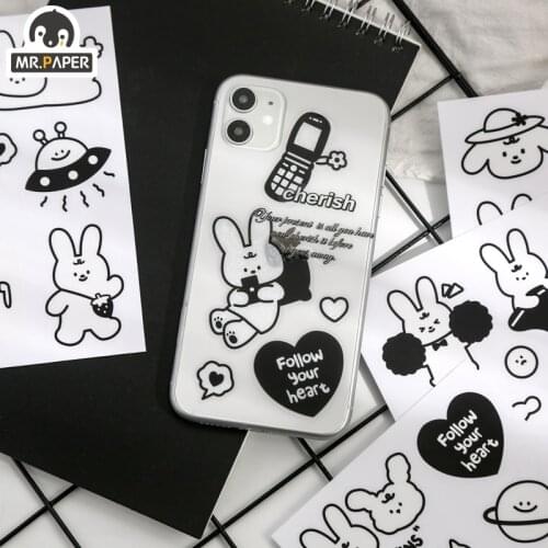 Mr Paper 4 Designs 4 Pcs/bag Cartoon Style Black And White Party Series Hand Account DIY Decoration Collage Material Stickers