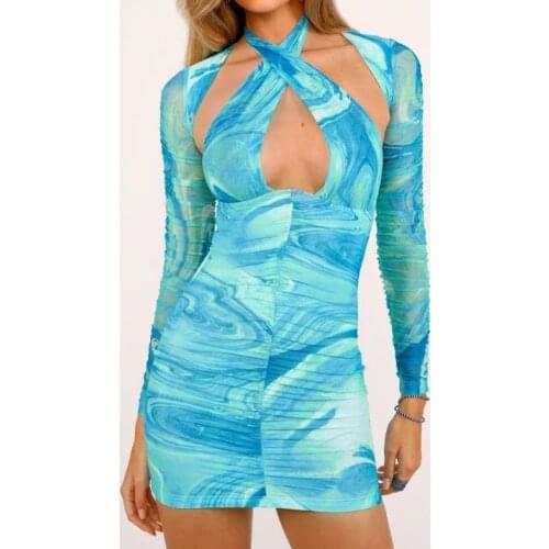 2021 New Style Women Summer Short Mini Dress Ladies Ripple Hollow-Out Halter-Neck Long Sleeves Backless Tight Dress for Girls