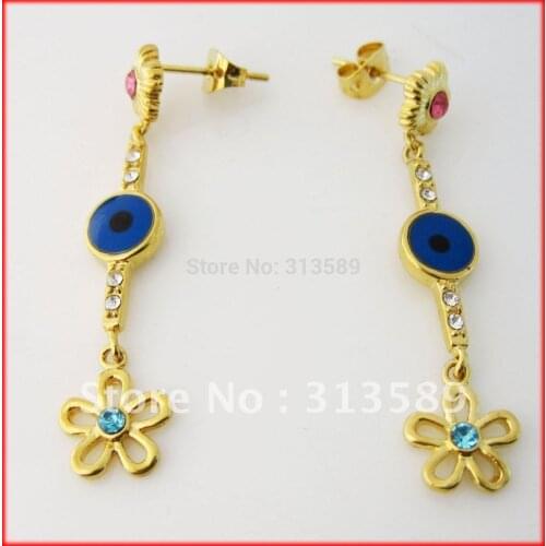 MIN ORDER 10$/ CAN MIX DESIGN /NEW - YELLOW GOLD COLOR OVERLAY FILL BRASS EVIL EYE 1.65" STUD EARRING CZ/GREAT GIFT