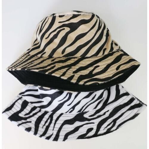Unisex Faux Felt Harajuku Bucket Hat Zebra Stripes Print Reversible Panama Cap 28GD