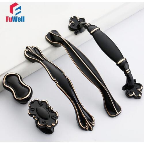 Furniture Handle Zinc Alloy Black Cabinet Door Handle Pulls 96mm/128mm Hole Pitch Kitchen Cupboard Drawer Furniture Door Handle