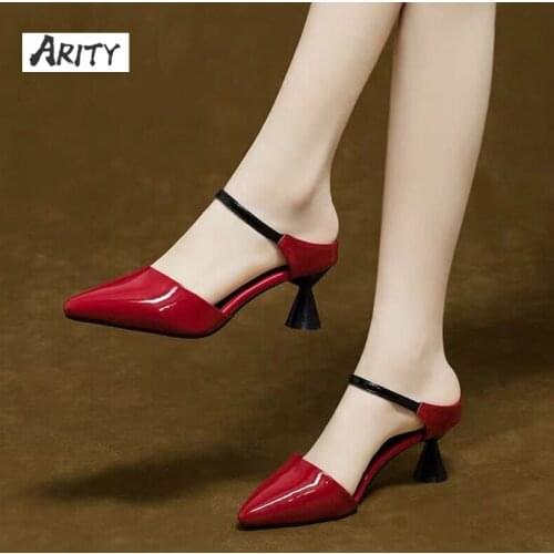 Women summer Sandals 2021 pointed Baotou Open Toe half slippers stiletto womens mid-heel slipper pu leather black comfort shoes