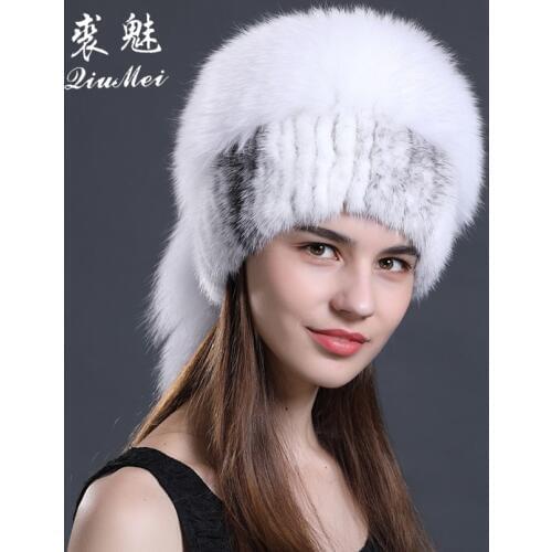 Real Mink Fur Cap For Women Natural Mink Hats 2018 Knit Winter Beanies Vertical Weaving With Fluffy Fox Fur On The Top Fur Hats