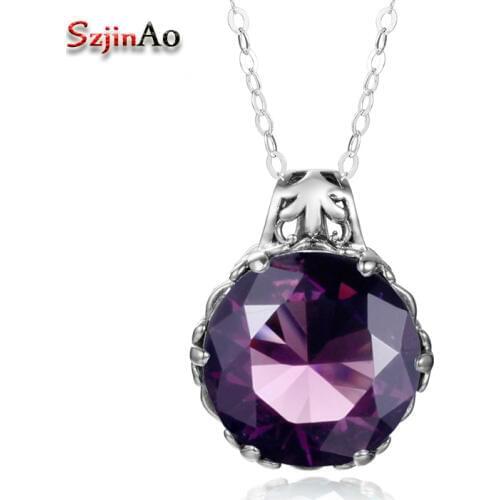 Szjinao Real 925 Sterling Silver Statement Necklaces Pendants Women Luxury Round Shape Amethyst Vintage Jewelry