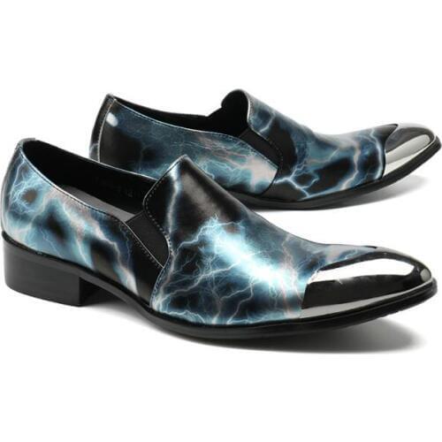 Luxury Band Genuine Leather Blue Lightning Pattern Metal Pointed Toe Loafers Shoes For Wedding Dress Oxford Shoes Zapatos Hombre