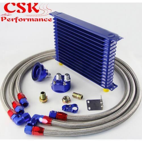 15 Row 262mm AN10 Universal Engine Transmission Oil Cooler Trust Type + Filter Adapter Kit Silver/Blue/Black