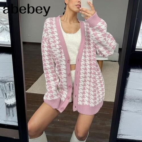 V Neck Knitted Cardigans Sweater Pink Houndstooth Cardigan 2021 Long Sleeve Sweater Fashion Autumn Oversized Jumper